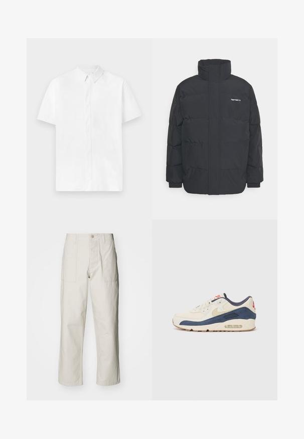 Musta puhvijaakku korkealla kauluksella, vetoketjukiinnitys edessä ja joustavat hihansuut. Varustettu taskulla ja pienellä logolla rintakehässä. Rakeinen pinta.; Lyhythihainen valkoinen paita, jossa on napitettava kaulus, valmistettu sileästä kankaasta. Paidassa on etupaneeli ja puhdas, minimalistinen muotoilu.; Harmaat vaaleat leveät housut, jotka on valmistettu puuvillasta. Varustettu etutaskuilla ja nappikiinnityksellä. Sujuva rakenne, jossa on hienovaraisia pystysuoria viivoja.; Tennarit, joissa on kermanvärinen nahka ja merimiessininen mokka päällinen, näkyvällä ilmasoolalla, beige kumipohja ja punainen yksityiskohta kantapäässä.