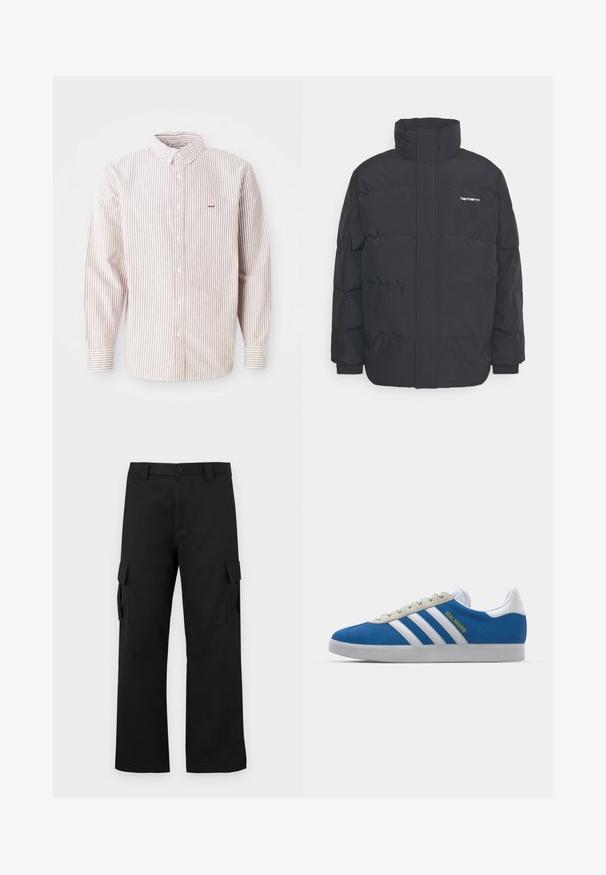 Giacca puffa nera con colletto alto, chiusura con zip frontale e polsini elastici. Presenta una tasca e un piccolo logo sul petto. Superficie testurizzata.; Camicia a maniche lunghe di colore bianco con sottili righe rosse, colletto button-down, bottoni frontali e piccolo logo ricamato sul lato sinistro del petto.; Pantaloni cargo neri con design a gamba dritta. Realizzati in tessuto resistente, dotati di due tasche laterali con chiusura a pattina e chiusura con bottone.; adidas Originals ADIDAS GAZELLE SHOES - Scarpe da calcio indoor - real madrid/bluebird/footwear white/crew yellow