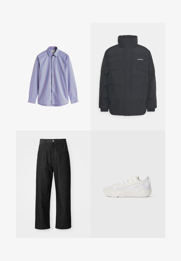 Melnā pūkainā jaka ar augstu apkakli, rāvējslēdzēja priekšpusi un elastīgām piedurknēm. Iespējama kabata un neliels logo uz krūtīm. Strukturēta virsma.; Krekls ar garām piedurknēm, gaiši zils audums ar vertikālām sarkanām svītrām, standarta apkakle un pogu aizdare.; Melnas džinsus bikses ar brīvu piegriezumu, augstu vidukli, rāvējslēdzēja aizdari un piecu kabatu dizainu. Redzama šuvju akcenti visā virsmā.; Sānu skats uz baltiem un gaiši pelēkiem sporta apaviem ar abstraktu viļņveida dizainu un biezu zoli uz vienkārša balta fona.