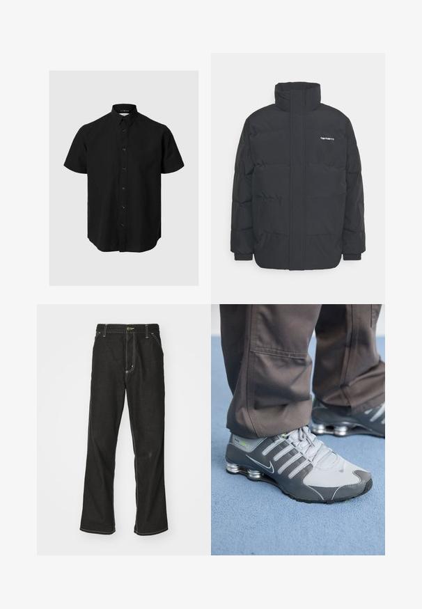 Črna puhasta jakna z visokim ovratnikom, z zadrgo spredaj in elastičnimi manšetami. Ima žep in majhen logotip na prsih. Teksturirana površina.; Črna kratka srajca s kratkimi rokavi, narejena iz lanu, z klasičnim ovratnikom, sprednjimi gumbi in ravnim robom. Gladka tekstura.; Črne jeans hlače ohlapenega kroja, ki imajo kontrastno belo šivanje, zapiranje na gumb in ravno nogavico.; Sive in srebrne Nike Shox teniske imajo eleganten dizajn, z mrežastimi in sintetičnimi materiali, zaobljenim nosom in oblazinjenim ovratnikom.