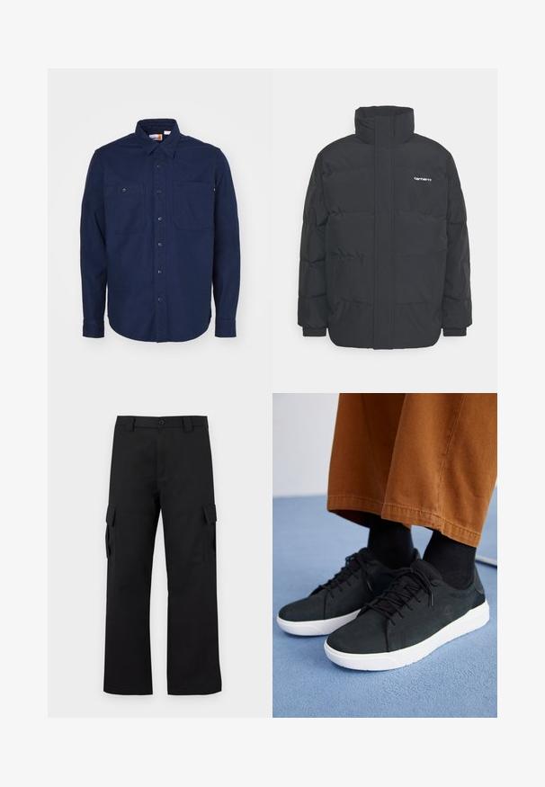 Juodas pūkinis švarkas su aukšta apykakle, užtrauktuku priekyje ir elastingomis rankovėmis. Yra kišenė ir mažas logotipas ant krūtinės. Tekstūruotas paviršius.; Tamsiai mėlynas medvilninis marškiniai su mygtukais, turintis smailų apykaklę, ilgomis rankovėmis, dviem krūtinės kišenėmis ir tiesiu sijonu.; Juodi cargo kelnės su tiesiu kojų dizainu. Pagamintos iš tvirto audinio, turi dvi šonines kišenes su užsegamais dangteliais ir mygtukų užtrauktuką.; Juodi zomšiniai sneakeriai su baltais guminiais padais, su raištelių uždėjimo dizainu, tekstūruotais akcentais ir subtiliu prekių ženklu, derinami su rudomis kelnėmis.