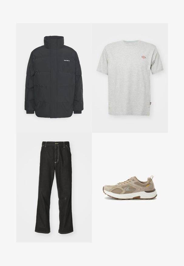 Sort pufferjakke med høj krave, lynlås foran og elastiske manchetter. Har en lomme og et lille logo på brystet. Tekstureret overflade.; Grå bomulds T-shirt med rund hals, korte ærmer og et lille farverigt logo på brystet. Blød tekstur, afslappet pasform og uden mønstre.; Sorte denimjeans med løs pasform, der har kontrasterende hvid syning, en knaplukning og et lige ben-design.; Beige løbesko med en kombination af ruskind og mesh-materialer, polstret krave og en hvid mellemsål med en struktureret brun ydersål.