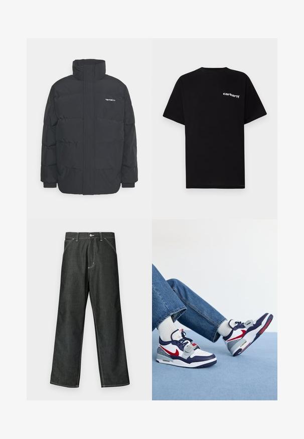 Black puffer jacket with a high collar, zip front, and elastic cuffs. Features a pocket and a small logo on the chest. Textured surface.; Black cotton t-shirt with short sleeves, crew neckline, and white "Carhartt" logo on the left chest. Smooth texture, minimal design.; Dark denim wide-leg pants with white stitching, standard five-pocket design, metal button closure, and straight hems.; Nike sneakers featuring a white and navy upper, red accents, grey patterned sections, and a chunky white sole, paired with blue jeans and white socks.