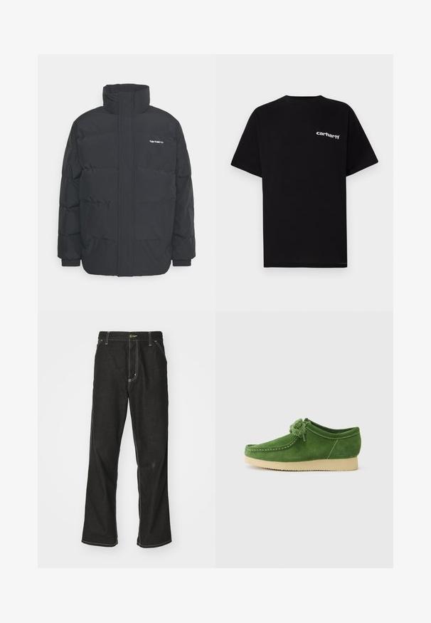 Juodas pūkinis švarkas su aukšta apykakle, užtrauktuku priekyje ir elastingomis rankovėmis. Yra kišenė ir mažas logotipas ant krūtinės. Tekstūruotas paviršius.; Juoda medvilninė marškinėliai su trumpomis rankovėmis, apvalia apykakle ir baltu „Carhartt“ logotipu ant kairės krūtinės. Lygus paviršius, minimalistinis dizainas.; Juodi džinsai su laisvu siluetu, turintys kontrastingas balto siūlo siūles, mygtuko uždarymą ir tiesų kojos dizainą.; Žalios velūrinės bateliai su apvaliu nosiu, tekstūruotu paviršiumi, dekoratyviniu kaspinu priekyje ir šviesiu guminiu padu.