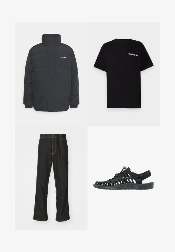 Zwarte pufferjas met een hoge kraag, rits aan de voorkant en elastische manchetten. Bevat een zak en een klein logo op de borst. Getextureerd oppervlak.; Zwart katoenen T-shirt met korte mouwen, ronde hals en een wit "Carhartt"-logo op de linkerborst. Gladde textuur, minimalistisch ontwerp.; Zwarte denim jeans met een losse pasvorm, voorzien van contrasterende witte stiksels, een knoopsluiting en een recht ontwerp.; Zwarte sandaal met bovenwerk van geweven textiel, verstelbare veterluiting, gevoerde zool en een gevormd voetbed voor comfort.