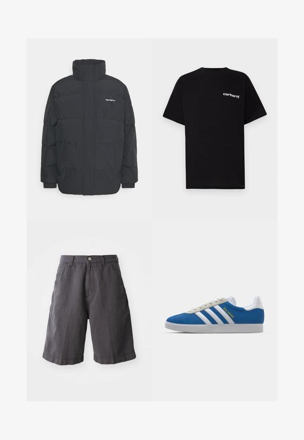 Schwarze Daunenjacke mit hohem Kragen, Reißverschluss vorne und elastischen Bündchen. Verfügt über eine Tasche und ein kleines Logo auf der Brust. Strukturiert Oberfläche.; Schwarzes Baumwoll-T-Shirt mit kurzen Ärmeln, Rundhalsausschnitt und weißem "Carhartt"-Logo auf der linken Brust. Glatte Textur, minimalistisches Design.; Dunkelgraue Baumwollshorts mit lockerer Passform, ausgestattet mit einem Knopfverschluss, Gürtelschlaufen und Seitentaschen, gestaltet mit einem schlichten Saum.; adidas Originals ADIDAS GAZELLE SHOES - Indoor-Fußballschuhe - real madrid/bluebird/footwear white/crew yellow