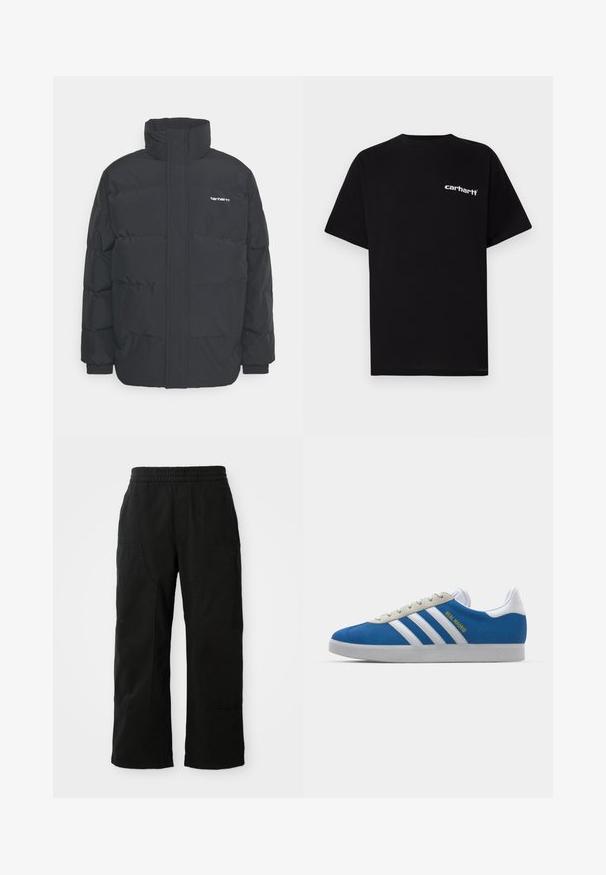 Casaco acolchoado preto com colarinho alto, fecho de correr à frente e punhos elásticos. Apresenta um bolso e um pequeno logótipo no peito. Superfície texturada.; T-shirt preta de algodão com mangas curtas, decote redondo e logótipo branco "Carhartt" no peito esquerdo. Textura suave, design minimalista.; Calças de algodão pretas com cintura elástica, design de perna larga e grandes bolsos laterais. O tecido parece suave com uma textura lisa.; adidas Originals ADIDAS GAZELLE SHOES - Botas de futebol de salão - real madrid/bluebird/footwear white/crew yellow