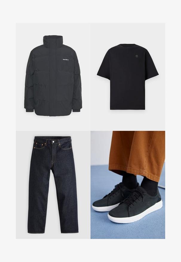 Sort pufferjakke med høj krave, lynlås foran og elastiske manchetter. Har en lomme og et lille logo på brystet. Tekstureret overflade.; Sort kortærmet T-shirt i bomuld med rund hals og et lille, broderet logo på brystet. Enkel, afslappet pasform.; Mørkeblå denimjeans med lige pasform, fem lommer, kontrasterende orange syning og knaplukning. Ingen synlige mønstre eller udsmykninger.; Sorte ruskinds sneakers med hvide gummisulder, med snørebånd-design, teksturerede detaljer og diskret branding, parret med brune bukser.