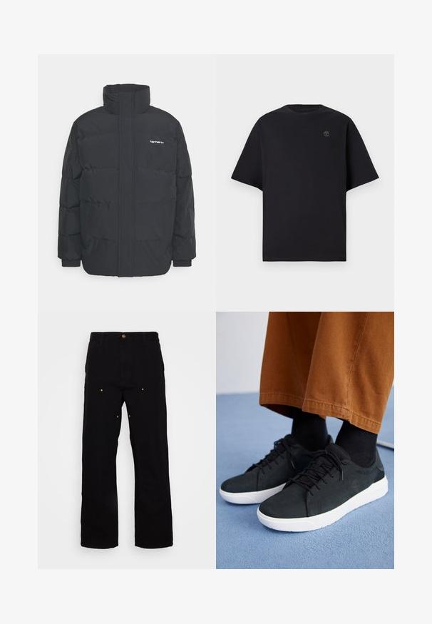 Mustam varrukas jope kõrge kaelusega, vipptõmblusega ja elastsete mansettidega. Omaduseks on tasku ja väike logo rinnal. Tekstuuritud pind.; Mustad lühikeste varrukatega T-särk, mis on valmistatud puuvillast, ümarate kaelustega ja väikse kangast või tikandiga logo südame kohal. Lihtne ja mugav lõike.; Mustad teksapüksid otse lõikega, millel on kuldne riistvara ja nähtavad õmblused ees- ja tagataskutel.; Mustad suede spordijalatsid valge kummitaldaga, millel on paeltega kinnitamine, tekstuuriga aktsendid ja tagasihoidlik bränding, koos pruuni pükstega.