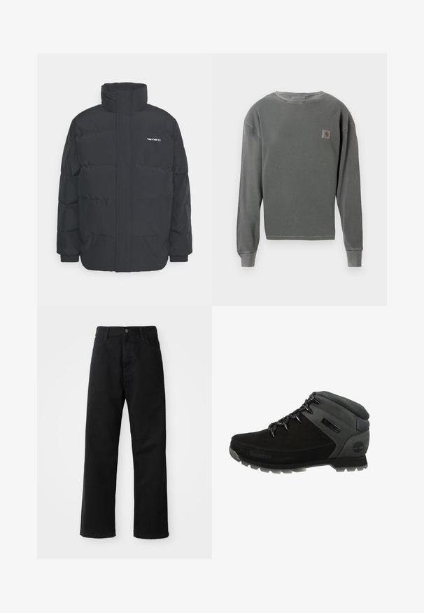 Musta puhvijaakku korkealla kauluksella, vetoketjukiinnitys edessä ja joustavat hihansuut. Varustettu taskulla ja pienellä logolla rintakehässä. Rakeinen pinta.; Harmaa pitkähihainen pyöreäkauluksinen collegepaita, jossa on ribbitettua tekstiiliä, vasemmassa rinnassa pieni neliön muotoinen logo-tila, ja ribbikevät.; Musta farkkushortsit suoran leikkauksen kanssa, joissa on etutaskut, vetoketjuläppä ja yksi yläpainike. Rakenteellinen kangas matta pinnalla.; Mustat vaelluskengät, joissa on harmaita synteettisiä yksityiskohtia, pehmustettu kaulus ja nauhakuosi. Teksturoitu päällinen, jossa on logo yksityiskohtana sivulla.