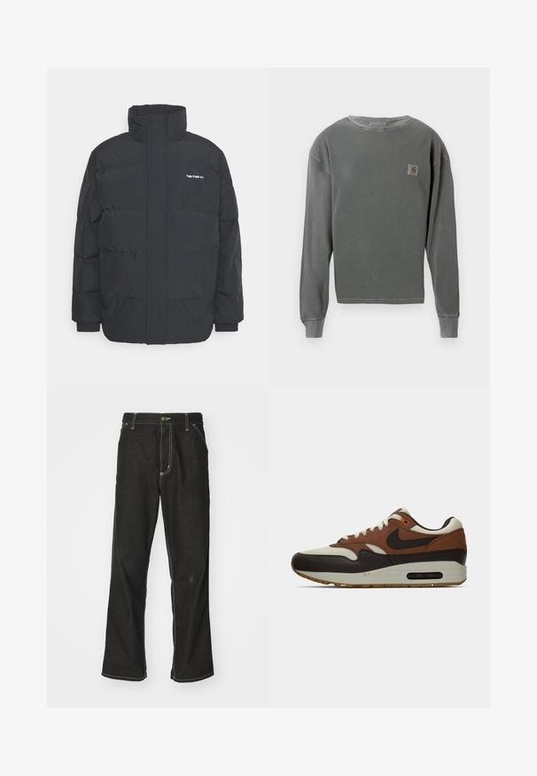 Fekete puffKabát magas nyakkal, cipzáros előlappal és rugalmas mandzsettával. Tartalmaz egy zsebet és egy kis logót a mellkason. Texturált felület.; Szürke, hosszú ujjú, crewneck pulcsi bordázott textúrával, a bal mellen egy kis négyzet alakú logóval és bordázott mandzsettával.; Fekete farmernadrág laza szabással, kontrasztos fehér varrással, gombos záródással és egyenes lábmegoldással.; Barna, krém és fekete Nike Air Max sportcipő, látható légpárnás talppal és fűzős dizájnnal, oldalnézetből bemutatva, fehér háttér előtt.
