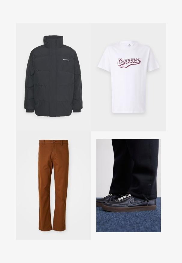 Sort pufferjakke med høj krave, lynlås foran og elastiske manchetter. Har en lomme og et lille logo på brystet. Tekstureret overflade.; Hvid bomulds t-shirt med et bordeaux "Converse" logo i et buet skriftdesign, med korte ærmer og klassisk rund hals.; Brune bomuldsbukser med regular fit, der har knaplukning, bæltestropper og lige ben-design. Glat tekstur uden mønstre.; Nike Sportswear KILLSHOT 2 LTR PRM OPP2 - Sneakers - black sail baroque brown mtlc dk grey