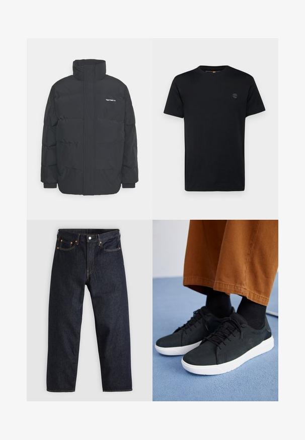 Mustam varrukas jope kõrge kaelusega, vipptõmblusega ja elastsete mansettidega. Omaduseks on tasku ja väike logo rinnal. Tekstuuritud pind.; Mustmust t-särk, millel on ümar kaelus, lühikesed varrukad ja väike, tikandiga logo rinnal. Sile tekstuur, klassikaline lõige.; Tumedad sinised teksad sirge lõikega, viie taskuga, kontrastsete oranžide õmblustega ja nööpide kinnitusega. Ilma nähtavate mustrite või kaunistusteta.; Mustad suede spordijalatsid valge kummitaldaga, millel on paeltega kinnitamine, tekstuuriga aktsendid ja tagasihoidlik bränding, koos pruuni pükstega.
