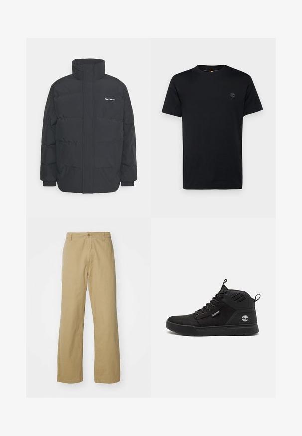 Giacca puffa nera con colletto alto, chiusura con zip frontale e polsini elastici. Presenta una tasca e un piccolo logo sul petto. Superficie testurizzata.; T-shirt in cotone nero con collo a giro, maniche corte e un piccolo logo ricamato sul petto. Texture liscia, vestibilità classica.; Pantaloni in cotone khaki con design a gamba dritta, dotati di chiusura frontale con bottone e tasche laterali. Texture liscia e robusta.; Scarpe nere alte con un mix di pelle scamosciata e materiali sintetici, caratterizzate da un design con lacci, suola in gomma e un logo sul lato.