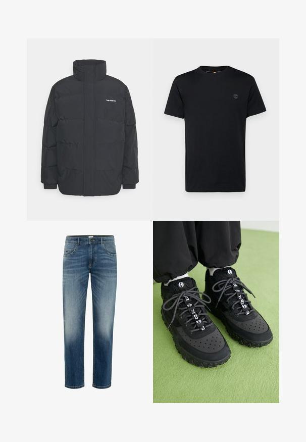 Czarna kurtka puchowa z wysoką kołnierzem, zamkiem z przodu i elastycznymi mankietami. Posiada kieszeń oraz małe logo na piersi. Teksturowana powierzchnia.; Czarna bawełniana koszulka z okrągłym dekoltem, krótkimi rękawami oraz małym, haftowanym logo na piersi. Gładka tekstura, klasyczny krój.; Niebieskie dżinsy wykonane z denimu. Prosty krój nogawki, średni stan, z efektem przetarcia, kontrastowe nici, plus pięć kieszeni do przechowywania.; Czarne sneakersy charakteryzują się połączeniem materiałów skórzanych i siateczkowych, teksturowaną gumową podeszwą, wyraźnymi perforacjami oraz wzorzystymi sznurowadłami z cyframi jako akcentami.