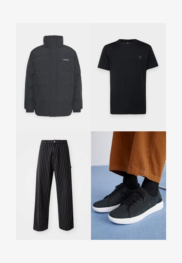 Giacca puffa nera con colletto alto, chiusura con zip frontale e polsini elastici. Presenta una tasca e un piccolo logo sul petto. Superficie testurizzata.; T-shirt in cotone nero con collo a giro, maniche corte e un piccolo logo ricamato sul petto. Texture liscia, vestibilità classica.; Pantaloni a strisce navy con gambe ampie, realizzati in tessuto con righe verticali bianche, chiusura con bottone e zip, e tasche laterali.; Sneakers in suede nera con suole in gomma bianca, dotati di un design con lacci, accenti testurizzati e branding sottile, abbinati a pantaloni marroni.