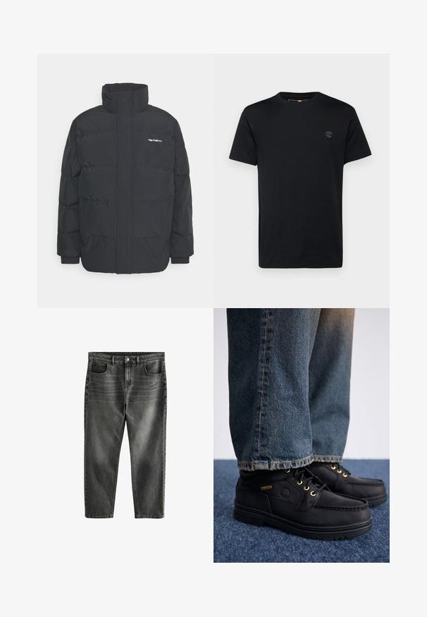 Black puffer jacket with a high collar, zip front, and elastic cuffs. Features a pocket and a small logo on the chest. Textured surface.; Black cotton t-shirt with a crew neckline, short sleeves, and a small, embroidered logo on the chest. Smooth texture, classic fit.; Dark gray denim jeans with a relaxed fit, five pockets, subtle fading, and contrast stitching. Metal button and zipper closure.; Black leather shoes with gold eyelets and a textured finish, paired with blue denim jeans. Shoes feature a layered sole and branding detail.