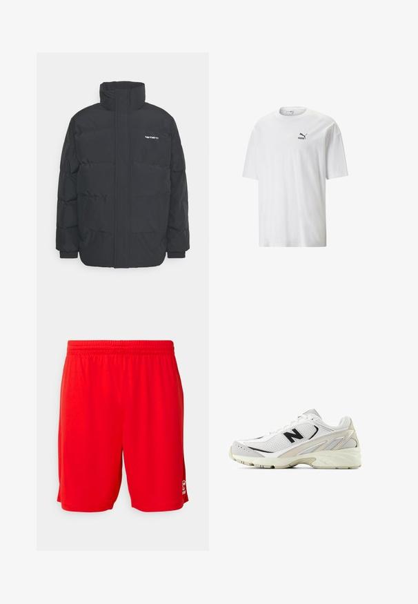 Schwarze Daunenjacke mit hohem Kragen, Reißverschluss vorne und elastischen Bündchen. Verfügt über eine Tasche und ein kleines Logo auf der Brust. Strukturiert Oberfläche.; Weißes Baumwoll-T-Shirt mit Rundhalsausschnitt und kurzen Ärmeln. Verfügt über ein kleines schwarzes Puma-Logo auf der linken Brust. Glatte Textur, lässiger Schnitt.; Rote Sportshorts aus leichtem Stoff, mit einem elastischen Bund, glatter Textur und einem Logodetail auf der unteren rechten Seite.; Weißer Sneaker mit Obermaterial aus Mesh, schwarzen Akzenten und beigefarbenen Seitendetails. Verfügt über eine gepolsterte Sohle und eine Schnürung.