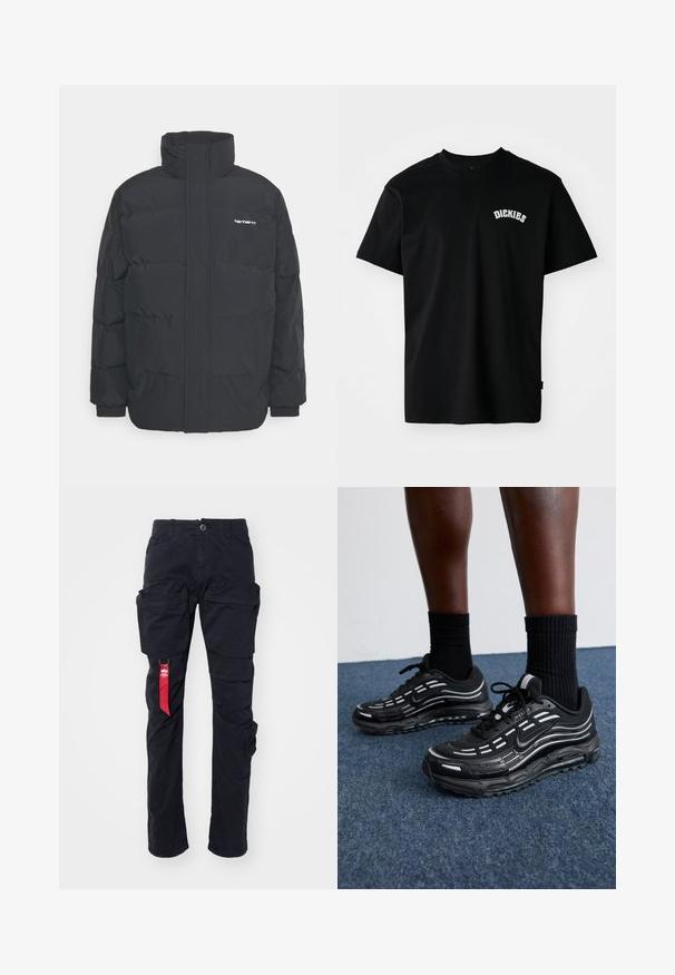 Fekete puffKabát magas nyakkal, cipzáros előlappal és rugalmas mandzsettával. Tartalmaz egy zsebet és egy kis logót a mellkason. Texturált felület.; Fekete pamut póló rövid ujjakkal és kerek nyakkivágással. Fehér, ívelt "DICKIES" logó található a mellkason. Egyszerű dizájn, minta nélkül.; Fekete cargo nadrág, több oldalsó zsebbel, övcsattal és egy piros szövet címkével a bal oldalon. Tartós pamut anyagból készült.; Fekete Nike cipők hálós felsőrésszel, kiemelő csíkokkal, texturált fűzővel és fekete gumitalppal rendelkeznek. Fekete bordázott zoknikkal viselve.