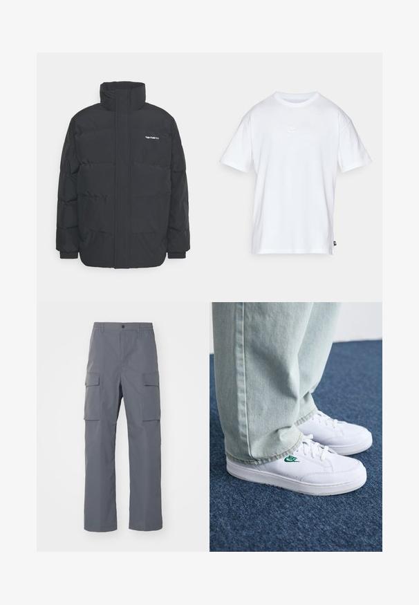 Jachetă puf black cu un guler înalt, închidere cu fermoar frontal și manșete elastice. Are un buzunar și un mic logo pe piept. Suprafață texturată.; Tricou alb din bumbac, cu mâneci scurte și guler rotund. Prezintă un mic logo Nike, discret, pe piept și o eticheta pe lateral.; Pantaloni cargo gri, confecționați dintr-un material durabil. Caracteristici includ un brâu elastic, două buzunare laterale mari și un croi dreFlat.; Adidași din piele albă cu logo-ul Nike verde, vârf rotund, talpă plată, asortați cu pantaloni din denim bleu deschis, prezentați pe un covor albastru.