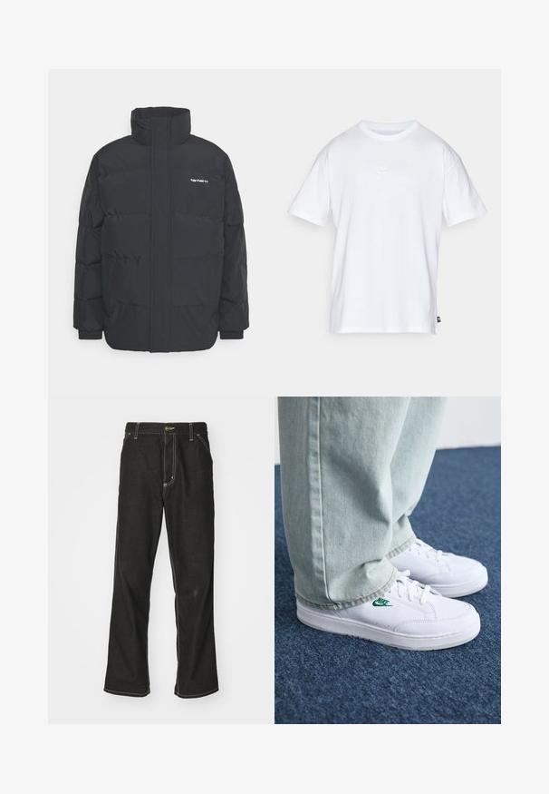 Black puffer jacket with a high collar, zip front, and elastic cuffs. Features a pocket and a small logo on the chest. Textured surface.; White cotton t-shirt with short sleeves and a round neck. Features a small, subtle Nike logo on the chest and a side label.; Black denim jeans with a loose fit, featuring contrasting white stitching, a button closure, and a straight leg design.; White leather sneakers with green Nike logo, round toe, flat sole, paired with light blue denim pants, shown on a blue carpet.