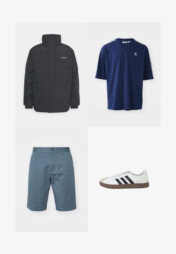 Chaqueta de plumas negra con cuello alto, cierre de cremallera frontal y puños elásticos. Cuenta con un bolsillo y un pequeño logo en el pecho. Superficie texturizada.; Camiseta de algodón azul marino de mangas cortas, cuello redondo, tres franjas blancas en los hombros y un pequeño logo blanco en el pecho.; Pantalones cortos de algodón azul con cierre de botón, trabillas para cinturón y bolsillos laterales. Textura suave con un corte holgado, que llega por encima de la rodilla.; Zapatilla blanca con puntera de ante gris, diseño de tres franjas negras y suela de goma marrón. Presenta un cierre con cordones y un collarín acolchado.