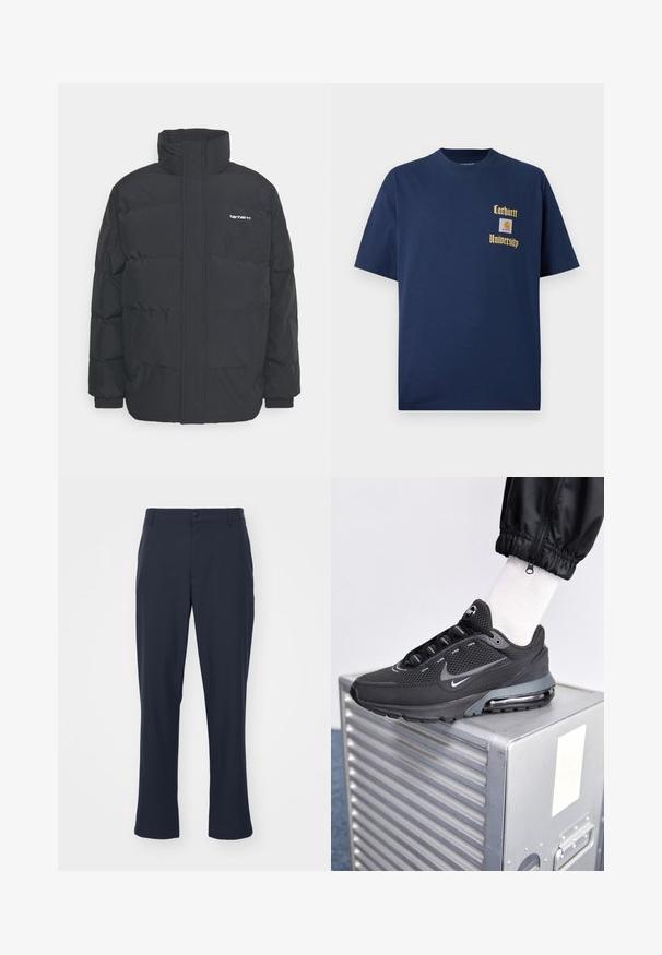 Černá zimní bunda s vysokým límcem, zipem vpředu a elastickými manžetami. Má kapsu a malé logo na hrudi. Texturovaný povrch.; Námořnická modrá bavlněná tričko s krátkým rukávem, se zlatým textem "Carhartt University" a nášivkou na levé hrudi.; Námořnické modré kalhoty na míru z polyesterové směsi. Mají zapínání na knoflík, boční kapsy a rovný střih nohavic.; Nike Sportswear PULSE - Tenisky - black/anthracite