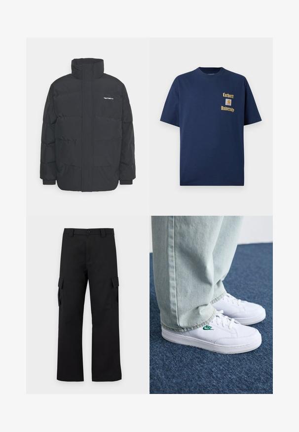 Casaco acolchoado preto com colarinho alto, fecho de correr à frente e punhos elásticos. Apresenta um bolso e um pequeno logótipo no peito. Superfície texturada.; T-shirt de algodão azul-marinho com mangas curtas, apresentando texto dourado "Carhartt University" e um emblema no lado esquerdo do peito.; Calças cargo pretas com um design de perna reta. Feitas de um tecido durável, apresentam dois bolsos laterais com fechos de aba e um fecho de botão.; Tênis de couro brancos com logo verde da Nike, bico redondo, sola plana, combinados com calças de denim azul claro, exibidos sobre um tapete azul.