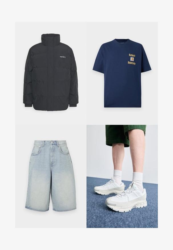 Fekete puffKabát magas nyakkal, cipzáros előlappal és rugalmas mandzsettával. Tartalmaz egy zsebet és egy kis logót a mellkason. Texturált felület.; Sötétkék pamut póló rövid ujjal, arany színű "Carhartt University" felirattal és logóval a bal mellen.; Világos kék farmer rövidnadrág, laza szabású, magas derékkal, öt zsebbel és egyenes szegéllyel. Enyhén fakó az elhasználódott megjelenésért.; Fehér sportcipők texturált burkolattal, vastag talppal és szürke részletekkel. Fehér sportzoknival és zöld rövidnadrággal viselve, kék felületen.