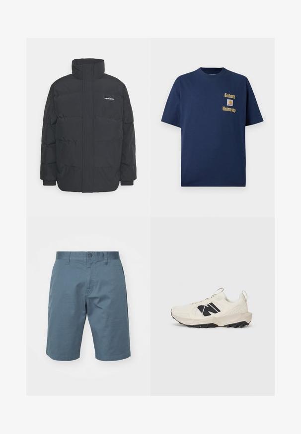 Giacca puffa nera con colletto alto, chiusura con zip frontale e polsini elastici. Presenta una tasca e un piccolo logo sul petto. Superficie testurizzata.; T-shirt in cotone blu navy con maniche corte, caratterizzato da testo dorato "Carhartt University" e un patch del logo sul lato sinistro del petto.; Pantaloni blu di cotone con chiusura a bottone, passanti per la cintura e tasche laterali. Texture liscia con una vestibilità comoda, che arriva sopra il ginocchio.; Sneaker beige chiaro con tomaia in rete, logo nero e suola testurizzata. Accompagnato da un motivo geometrico sulla suola intermedia.