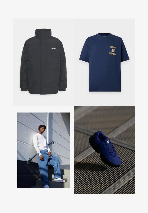 Črna puhasta jakna z visokim ovratnikom, z zadrgo spredaj in elastičnimi manšetami. Ima žep in majhen logotip na prsih. Teksturirana površina.; Navy modra bombažna majica s kratkimi rokavi, z zlatim napisom "Carhartt University" in logotipom na levem prsnem delu.; Težka bombažna majica s krojem okroglega vratu v svetlo sivi barvi, z oranžnim logotipom, v kombinaciji z ohlapnimi modrimi kavbojkami in belimi supergami.; Modra atletska obutev z teksturirano zgornjostjo, črnimi podplati in vezalkami. Vsebuje 'air' blagovno znamko na jezičku in vidne elemente zračne blazinice.
