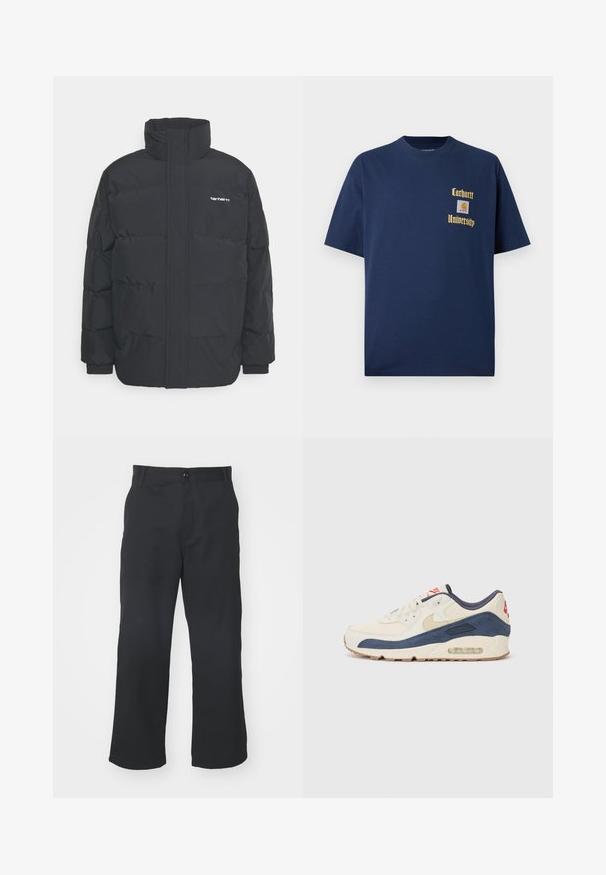 Schwarze Daunenjacke mit hohem Kragen, Reißverschluss vorne und elastischen Bündchen. Verfügt über eine Tasche und ein kleines Logo auf der Brust. Strukturiert Oberfläche.; Marineblaue Baumwoll-T-Shirt mit kurzen Ärmeln, mit goldener Schrift "Carhartt University" und einem Logo-Patch auf der linken Brust.; Schwarze, gerade geschnittene Hosen aus Stoff mit glatter Textur, ausgestattet mit einem Frontknopfverschluss und praktischen Taschen.; Sneaker mit einem Obermaterial aus cremefarbenem Leder und marineblauem Wildleder, sichtbar luftgefüllter Sohle, beiger Gummisohle und rotem Akzent an der Ferse.