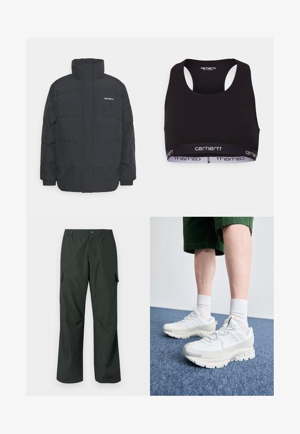 Mustam varrukas jope kõrge kaelusega, vipptõmblusega ja elastsete mansettidega. Omaduseks on tasku ja väike logo rinnal. Tekstuuritud pind.; Must mustriba ümmarguse kaelusega ja raceri seljaosaga. Omab tugevdatud vöökohta valge "carhartt" brändimisega. Pehme kangast tekstuur.; Tumed rohelised cargo püksid lõdva lõikega, elastse vöökoha, õmmeldud taskutega ja sileda, kerge kangatekstiiliga.; Valged sportsijalatsid tekstuursete pealsete, kopsaka tallaga ja hallide aktsentidega. Kanda valgete lühikeste sokkidega ja roheliste lühikeste pükstega sinisel pinnal.