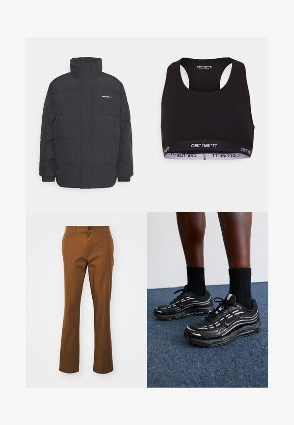 Zwarte pufferjas met een hoge kraag, rits aan de voorkant en elastische manchetten. Bevat een zak en een klein logo op de borst. Getextureerd oppervlak.; Zwarte sportbeha met een ronde halslijn en racerback ontwerp. Voorzien van een versterkte tailleband met witte "carhartt" branding. Zachte stof textuur.; Bruine rechtvallende broek van een katoenmix, met een ritssluiting, knoopsluiting en voorzakken. Soepele textuur, casual ontwerp.; Zwarte Nike-schoenen hebben een bovenwerk van mesh met accentstreepjes, getextureerde veters en een zwarte rubberen zool. Draag ze met zwarte geribde sokken.