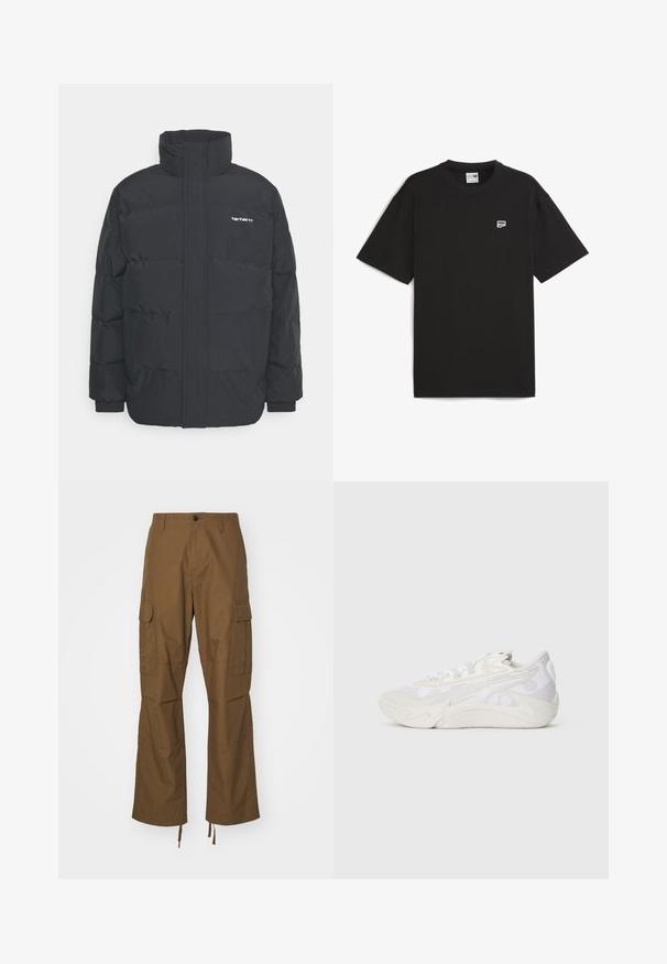Zwarte pufferjas met een hoge kraag, rits aan de voorkant en elastische manchetten. Bevat een zak en een klein logo op de borst. Getextureerd oppervlak.; Zwart T-shirt met korte mouwen van katoen, met een ronde hals en een klein wit logo op de borst. Eenvoudige, ontspannen pasvorm.; Bruine cargobroek gemaakt van gestructureerde stof, met een recht model, zijzakken en verstelbare zoomtouwen.; Zijaanzicht van een wit en lichtgrijs sneaker met abstract golvend ontwerp en dikke zool op een effen witte achtergrond.
