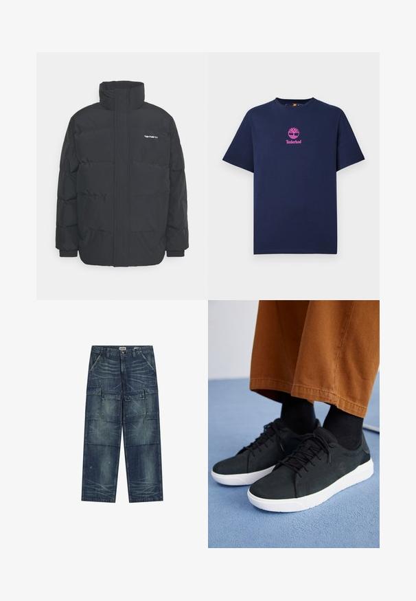 Czarna kurtka puchowa z wysoką kołnierzem, zamkiem z przodu i elastycznymi mankietami. Posiada kieszeń oraz małe logo na piersi. Teksturowana powierzchnia.; Granatowa bawełniana koszulka z okrągłym dekoltem i krótkimi rękawami. Na piersi znajduje się różowe logo Timberland z motywem drzewa.; Jeansowe spodnie cargo w ciemnoniebieskim kolorze, z wieloma kieszeniami z przodu i po bokach, luźnym krojem, widocznym szwem i lekko postarzonym wykończeniem.; Czarne zamszowe trampki z białymi gumowymi podeszwami, z wiązaniem, teksturowanymi akcentami i subtelnym logo, w połączeniu z brązowymi spodniami.