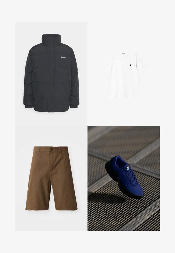 Chaqueta de plumas negra con cuello alto, cierre de cremallera frontal y puños elásticos. Cuenta con un bolsillo y un pequeño logo en el pecho. Superficie texturizada.; Camiseta de algodón blanca con mangas cortas, cuello redondo y un pequeño logo negro en el lado izquierdo del pecho. Textura suave y corte estándar.; Pantalones cortos de algodón marrón con corte recto, que cuentan con un cierre frontal de botón, lazos para cinturón y bolsillos laterales. Textura suave y costuras limpias.; Zapatilla deportiva azul con parte superior texturizada, suela negra y cordones. Presenta la marca "air" en la lengüeta y elementos de amortiguación de aire visibles.