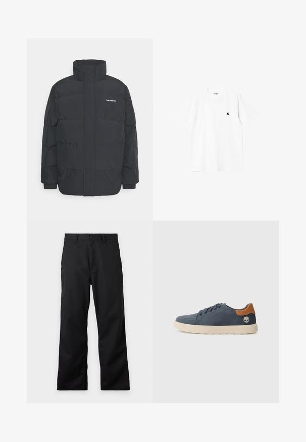 Zwarte pufferjas met een hoge kraag, rits aan de voorkant en elastische manchetten. Bevat een zak en een klein logo op de borst. Getextureerd oppervlak.; Witte katoenen T-shirt met korte mouwen, ronde hals en een klein zwart logo op de linkerborst. Zachte textuur en standaard pasvorm.; Zwarte broek van stevig materiaal, met een rits- en knoopsluiting, en een recht gesneden pijp met zijzakken. Eenvoudig ontwerp, zonder patronen.; Marine canvas sneaker met een beige rubberen zool, bruine leren accent op de hiel en gestructureerde stiksels. Bevat ronde veters en logo-detail.