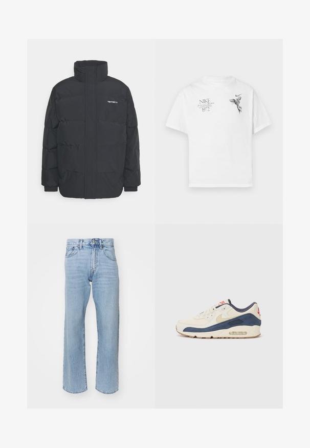 Musta puhvijaakku korkealla kauluksella, vetoketjukiinnitys edessä ja joustavat hihansuut. Varustettu taskulla ja pienellä logolla rintakehässä. Rakeinen pinta.; Valkoinen puuvillapaita, jossa on musta graafinen printti siivekkäästä hahmosta ja teksti, pyöreä kaula-aukko ja lyhyt hiha.; Vaaleansiniset farkut suoran lahkeen muotoilulla, korkealla vyötäröllä, näkyvällä ompeleella ja viidellä taskulla. Yksinkertainen helma ilman koristeita.; Tennarit, joissa on kermanvärinen nahka ja merimiessininen mokka päällinen, näkyvällä ilmasoolalla, beige kumipohja ja punainen yksityiskohta kantapäässä.