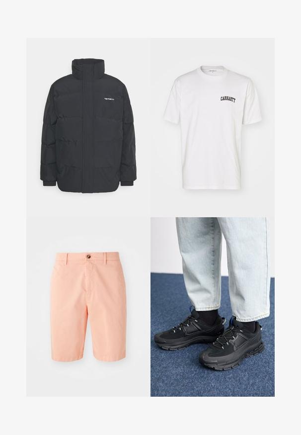 Doudoune noire avec un col montant, fermeture éclair à l'avant et poignets élastiques. Comprend une poche et un petit logo sur la poitrine. Surface texturée.; T-shirt en coton blanc à manches courtes et col rond. Présente un logo "Carhartt" noir imprimé sur la partie supérieure gauche de la poitrine.; Shorts de couleur pêche en tissu léger, avec un design classique, une fermeture à bouton sur le devant et des poches latérales.; Des chaussures de sport noires avec un tissu texturé et des semelles en caoutchouc, dotées de lacets élastiques et d'un accent bleu au talon. Portées avec un pantalon en denim clair.