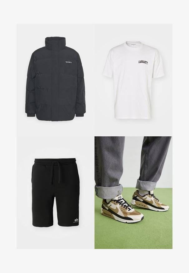 Giacca puffa nera con colletto alto, chiusura con zip frontale e polsini elastici. Presenta una tasca e un piccolo logo sul petto. Superficie testurizzata.; Maglietta in cotone bianco con maniche corte e scollo rotondo. Presenta un logo "Carhartt" nero stampato sull'area superiore sinistra del petto.; Pantaloni corti neri in cotone con vita elasticizzata, cordoncino, tasche laterali e un dettaglio del logo bianco sull'orlo inferiore. Texture liscia.; Sneakers Nike Air Max 90 in beige e nero, realizzati con materiali in mesh e pelle, con ammortizzazione visibile e lacci neri.