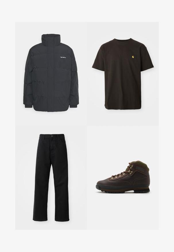 Melnā pūkainā jaka ar augstu apkakli, rāvējslēdzēja priekšpusi un elastīgām piedurknēm. Iespējama kabata un neliels logo uz krūtīm. Strukturēta virsma.; Melnas kokvilnas T-krekls ar noapaļotu kaklu, īsām piedurknēm un mazu dzeltenu logotipu uz krūšu daļas. Klasiskais piegriezums ar gludu tekstūru.; Melnas džinsu bikses ar taisnu griezumu, ar priekšējiem kabatām, rāvējslēdzēju un vienu augšējo pogu. Tekstūrēta auduma matēta virsma.; Brūnas ādas pārgājienu zābaki ar zaļu auduma apkaklīti. Iespējas: metāla auklu āķi, gumijas zole un teksturēts zole labākai saķerei.