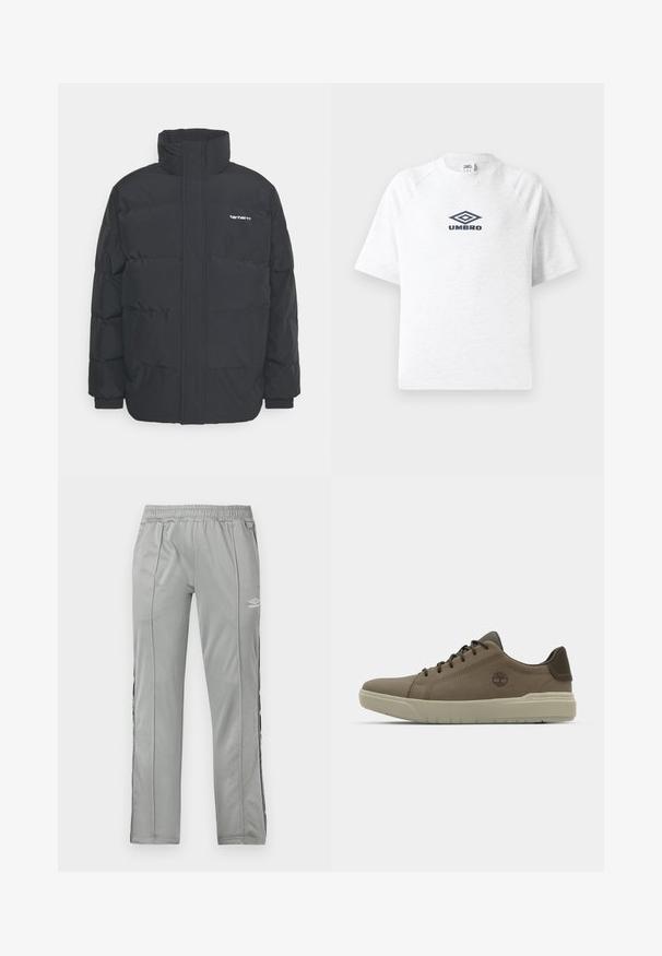 Juodas pūkinis švarkas su aukšta apykakle, užtrauktuku priekyje ir elastingomis rankovėmis. Yra kišenė ir mažas logotipas ant krūtinės. Tekstūruotas paviršius.; Balta trumpa rankovėmis marškinėliai su apvalia iškirpte, su raglan siūlėmis ir juodu Umbro logotipu, išdėstytu centre ant krūtinės.; Šviesiai pilki sportiniai kelniai Umbro su elastingu juosmeniu ir juodai baltais šoninių juostų akcentais, parodyti prieš baltą foną.; Rudos odinės sportbačiai su žemu profiliu, guminėmis padangomis ir žaliais akcentais; šone yra logotipas ir tekstūruoti paneliai, užtikrinantys sukibimą.