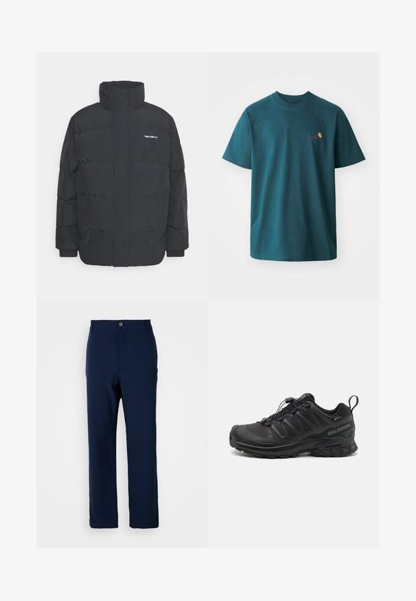 Mustam varrukas jope kõrge kaelusega, vipptõmblusega ja elastsete mansettidega. Omaduseks on tasku ja väike logo rinnal. Tekstuuritud pind.; Teal värvi puuvillane t-särk lühikeste varrukatega, ümmarguse kaelusega ja väikese kollase ja punase tikandiga logo vasakul rinnal.; Tumed sinise värviga sirged püksid nööbiga ja tõmblukuga, vöökohad ja nähtamatud taskud valge tausta kohal.; Must have piisii mustriga sünteetiline pealis, pehme tallaga ja kiire lukkusüsteemiga mustad spordijalatsid. Omab tugevdusi varba- ja kannaosas.