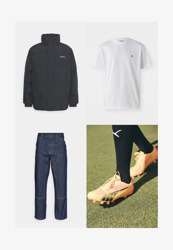 Czarna kurtka puchowa z wysoką kołnierzem, zamkiem z przodu i elastycznymi mankietami. Posiada kieszeń oraz małe logo na piersi. Teksturowana powierzchnia.; Biała bawełniana koszulka z krótkim rękawem, okrągłym dekoltem, z małym złotym logo na lewej części klatki piersiowej. Miękka textura i regularny krój.; Granatowe dżinsy z wysokim stanem, prostym krojem nogawek, kontrastowym wykończeniem szwów oraz kieszeniami naszytymi z przodu.; Jasnożółte korki piłkarskie z czarnymi akcentami i różowymi wkrętami, charakteryzujące się smukłym designem i teksturowaną powierzchnią. Noszone z czarnymi wysokimi skarpetkami sięgającymi do kolan.
