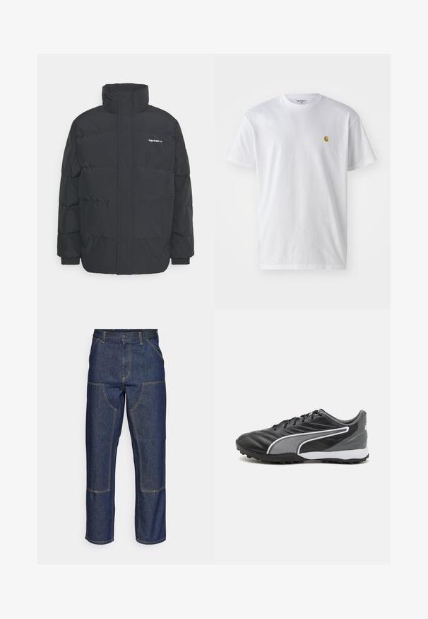 Casaco acolchoado preto com colarinho alto, fecho de correr à frente e punhos elásticos. Apresenta um bolso e um pequeno logótipo no peito. Superfície texturada.; T-shirt branca de algodão com mangas curtas, decote redondo, apresentando um pequeno logótipo dourado na área do peito esquerdo. Textura macia e ajuste regular.; Jeans de ganga escura com uma cintura alta, design de perna reta, costuras em contraste e bolsos de remendo na frente.; Ténis atléticos pretos com um cabedal de couro liso, apresentando uma faixa diagonal branca e detalhes texturizados. Sola de borracha com pequenos pinos.