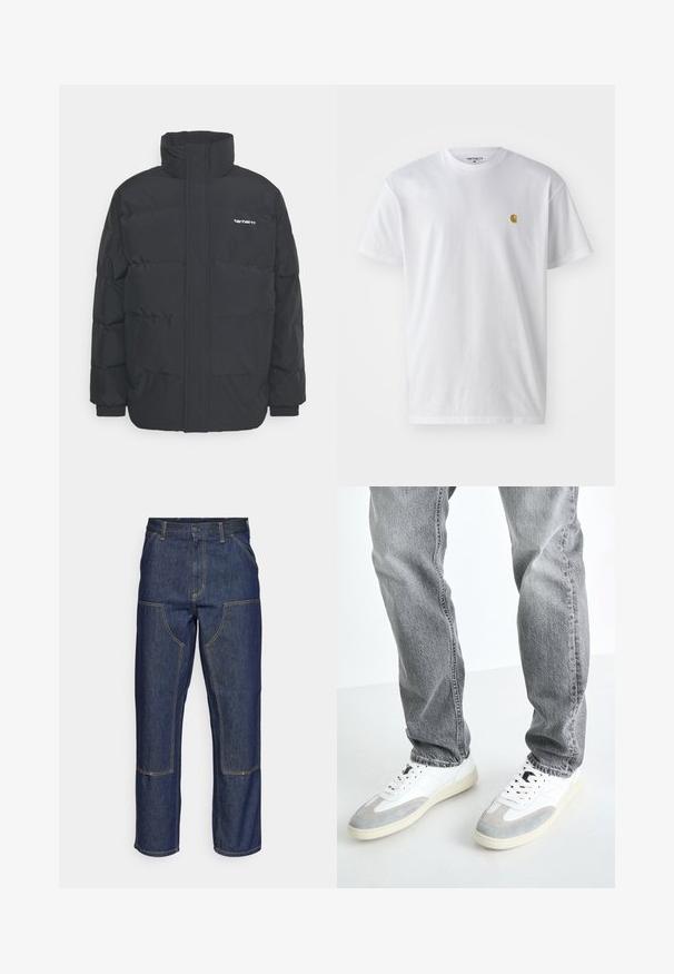 Black puffer jacket with a high collar, zip front, and elastic cuffs. Features a pocket and a small logo on the chest. Textured surface.; White cotton t-shirt with short sleeves, crew neck, featuring a small gold logo on the left chest area. Soft texture and regular fit.; Dark blue denim jeans with a high waist, straight leg design, contrasting stitching, and patch pockets on the front.; White sneakers with gray suede accents, lace closure, and a textured sole, paired with gray denim jeans in a relaxed fit.