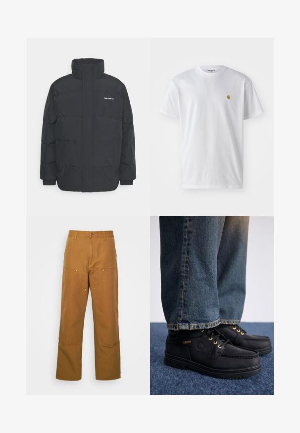 Crna puffer jakna s visokim ovratnikom, prednjim zatvaračem i elastičnim manžetama. Ima džep i mali logo na prsima. Teksturalna površina.; Bijela pamučna majica kratkih rukava s okruglim izrezom, sa malim zlatnim logotipom na lijevoj strani prsnog koša. Mekana tekstura i standardni kroj.; Smeđe pamučne radne hlače ravnog kroja, s prednjim džepovima i metalnim detaljima za dodatnu izdržljivost.; Crne kožne cipele s zlatnim rupicama i teksturiranim završetkom, u paru s plavim trapericama. Cipele imaju slojevitu ovu i detalj s brandom.
