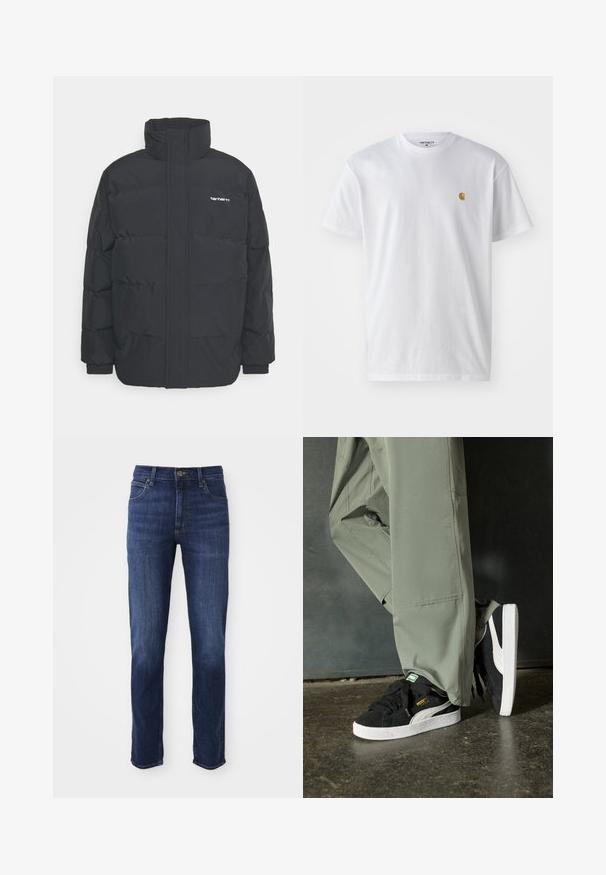 Doudoune noire avec un col montant, fermeture éclair à l'avant et poignets élastiques. Comprend une poche et un petit logo sur la poitrine. Surface texturée.; T-shirt en coton blanc à manches courtes, col rond, avec un petit logo doré sur la poitrine gauche. Texture douce et coupe régulière.; Jean en denim bleu foncé avec une coupe droite, comprenant un design classique à cinq poches et un fermoir à bouton en métal. Détails de décoloration subtils sur le tissu.; Baskets en daim noir avec des semelles en caoutchouc blanc et des rayures sur les côtés, associées à un pantalon cargo vert clair, posées sur une surface sombre texturée.