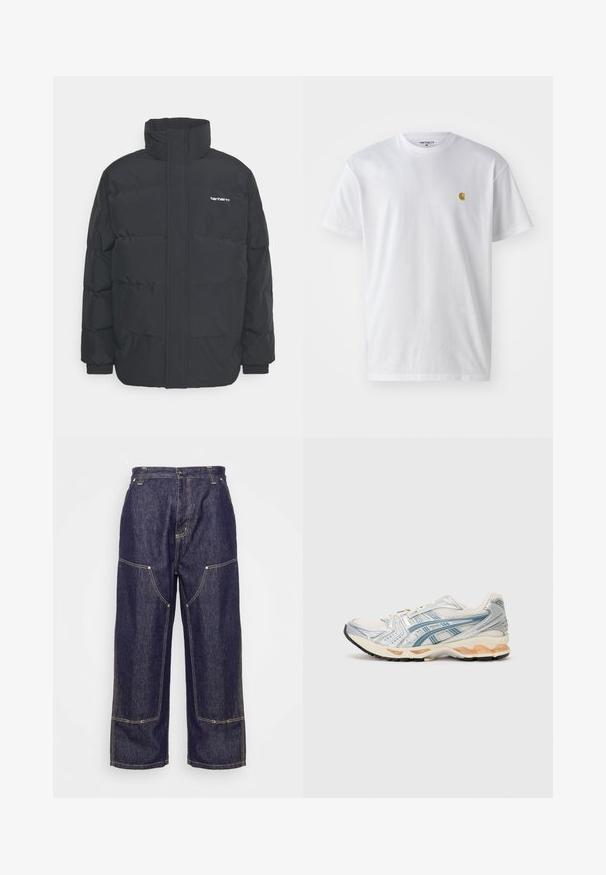 Fekete puffKabát magas nyakkal, cipzáros előlappal és rugalmas mandzsettával. Tartalmaz egy zsebet és egy kis logót a mellkason. Texturált felület.; Fehér pamut póló rövid ujjakkal, kerek nyakkal, bal mellel egy kis arany logóval. Puha tapintású és normál fazonú.; Carhartt WIP NASH PANT SMITH - Laza szabású farmerek - blue rinsed; Futócipő, amely könnyű, hálós felsőrésszel rendelkezik ezüst és kék részletekkel, bézs párnázott középtalppal és tartós fekete gumitalppal.